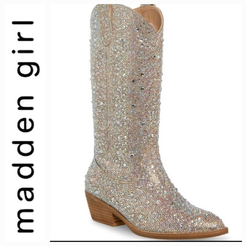 Madden Girl Redford-R Pull-On Mid Shaft Rhinestone Western Boot- Blush/Multi